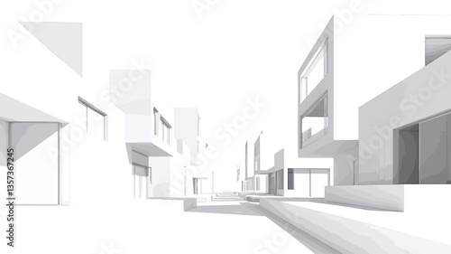 The image presents a 3D rendering of a modern housing development.  The rendering is monochromatic, utilizing varying shades of white to depict multiple buildings along a street or pathway. The