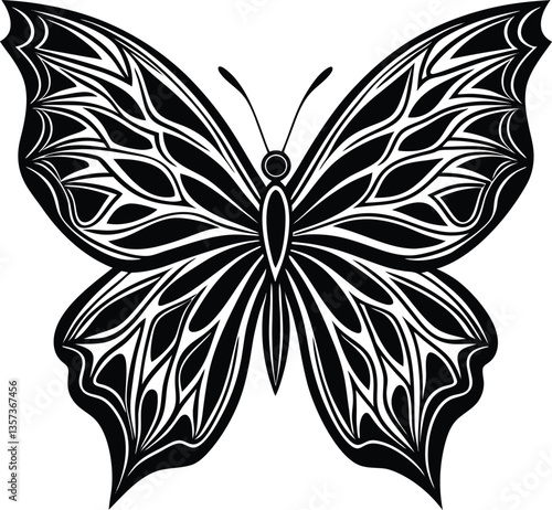 Black butterfly tattoo design vector illustration, a beautiful insect art symbol with delicate wing patterns