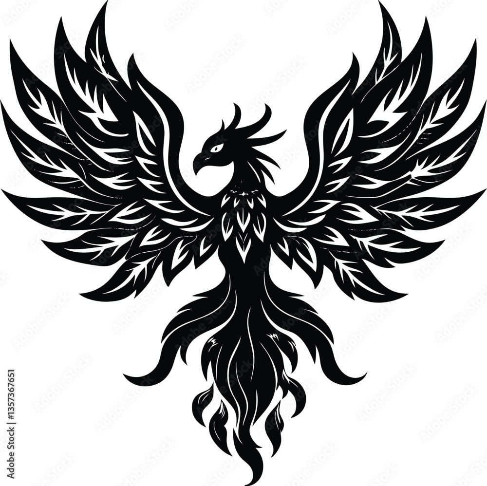Fototapeta premium Black and white vector tattoo design features a bird wing silhouette, a tribal symbol illustration