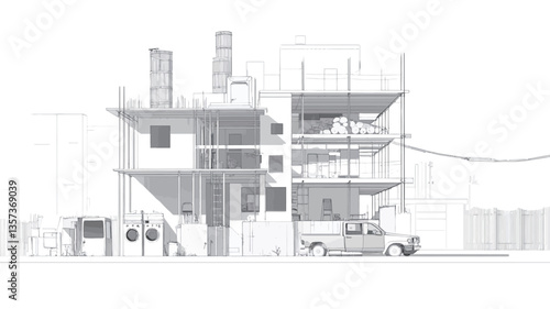 The image is a grayscale architectural sketch or blueprint showing a cutaway view of a multi-story building.  The sketch is detailed, displaying the building's internal structure, including