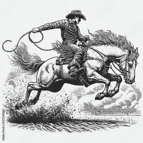 Illustration of a cowboy rides a bucking bronco in a rodeo.