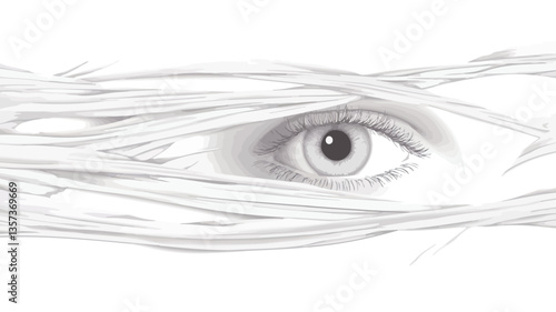 Close-up grayscale pencil sketch or drawing of a woman's eye partially obscured by strands of hair. The style is delicate and suggestive, with soft shading and lines creating a sense of depth and