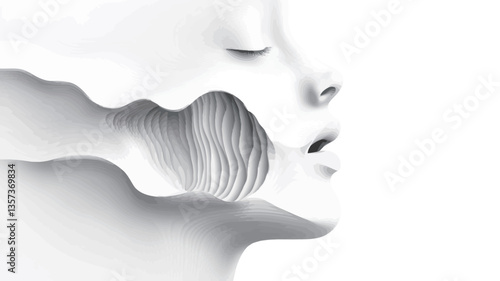 Close-up profile view of a stylized female face rendered in monochrome white. The image features an abstract, sculpted design with smooth curves and lines, creating a sense of depth and texture.