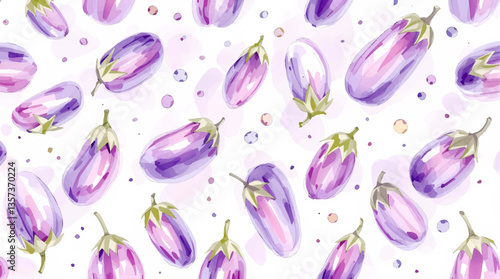 Vibrant watercolor illustration of various tropical cocktails with umbrellas and fresh fruit, Seamless eggplant pattern	