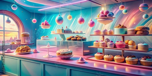 Wallpaper Mural Surreal Bakery Counter Design: Whimsical Pastry Display with Floating Doughnuts & Ethereal Lighting Torontodigital.ca