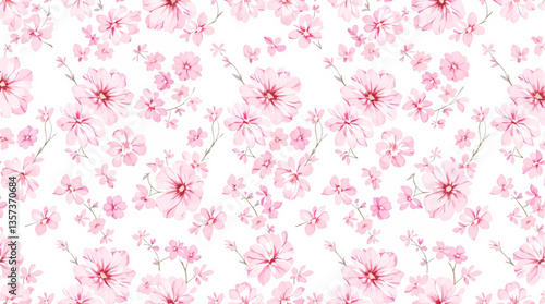 Watercolor seamless pattern pink small flowers on the white background
