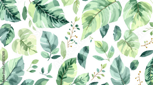 Watercolor pattern green leaves white background	