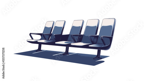 A digital illustration depicting a row of four modern waiting room chairs. The chairs are a dark blue color with white accents on the backrests. They have simple, clean lines and a minimalist