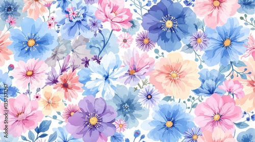 Watercolor Colorful flower background, Beautiful seamless pattern with watercolor gentle colorful flowers