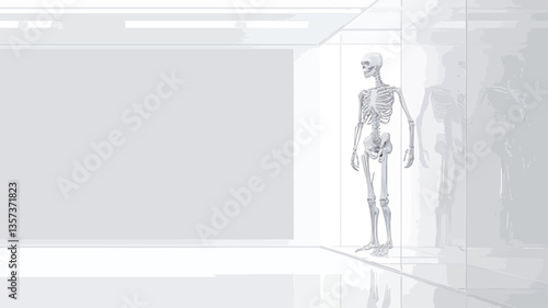 The image depicts a grayscale line drawing of a human skeleton positioned against a stark white wall within a minimalist, brightly lit interior space. The perspective suggests a corridor or hallway
