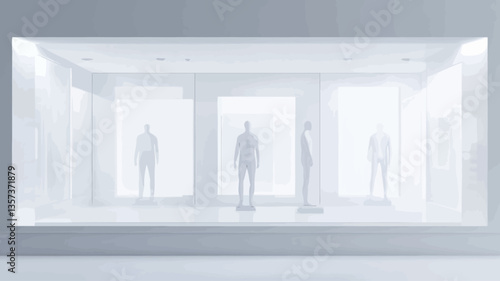 The image depicts a minimalist architectural rendering viewed through a large rectangular window. The interior space is predominantly white, with several indistinct human-like silhouettes visible.