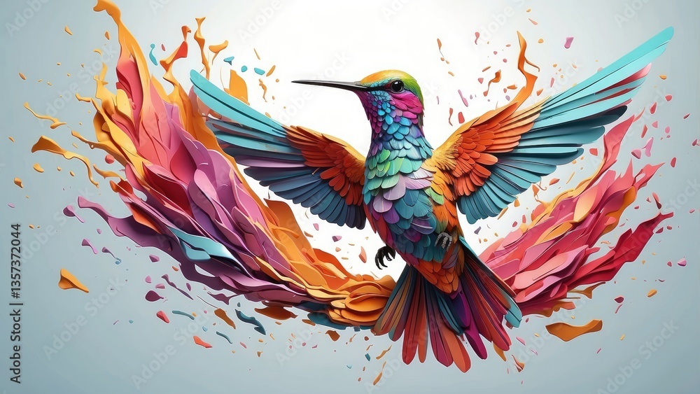 Fototapeta premium A vibrant, digitally rendered hummingbird is depicted mid-flight against a dark background