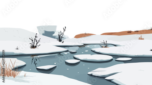 A digital illustration depicting a minimalist winter landscape. The image features a stream or river flowing through a snowy terrain.  The water is a muted blue-grey, partially covered with ice