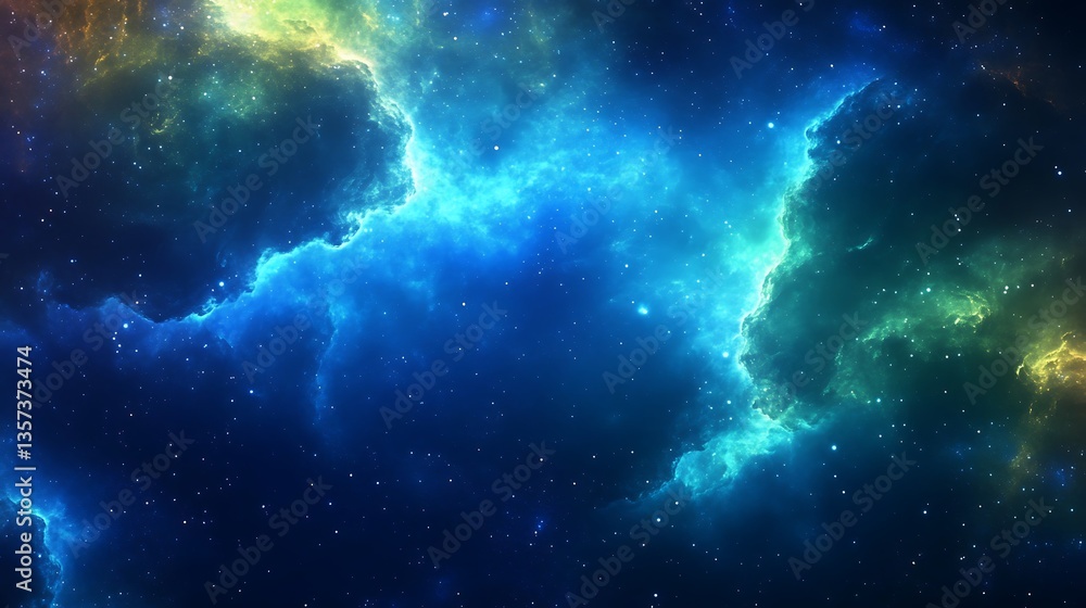 Fototapeta premium Vibrant nebula with blue, green, and yellow hues.