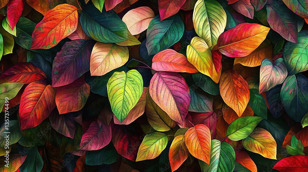 An autumn-inspired illustration of a scene filled with colorful leaves in shades of red, orange, yellow, green, and purple, set against a dark background An autumn-inspired illustration of a scene filled with colorful leaves in shades of red, orange, yellow, green, and purple, set against a dark background