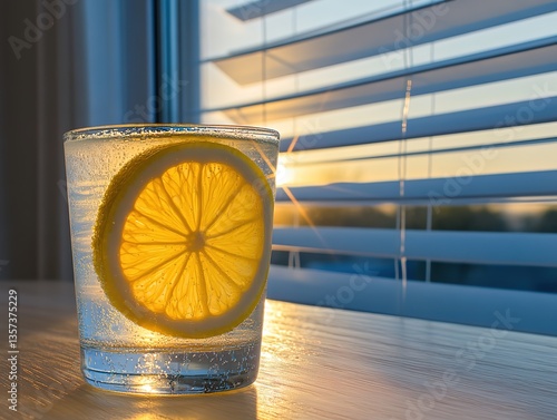 Glass of sparkling water with a lemon slice by the window, illuminated by sunlight, creating a refreshing and pleasant scene.
