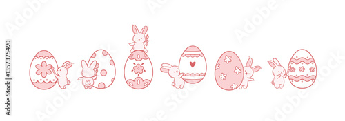 Cute white bunnies with easter egg doodle vector illustration