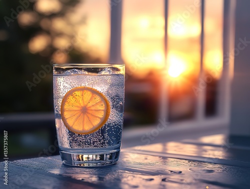 Glass of sparkling water with a lemon slice on an outdoor table against a sunset backdrop, exuding a relaxing and serene vibe.