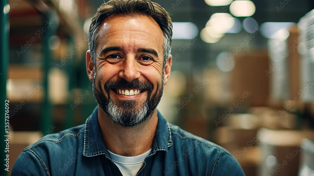 Confident man smiling in warehouse while standing among stacked boxes in bustling environment Confident man smiling in warehouse while standing among stacked boxes in bustling environment