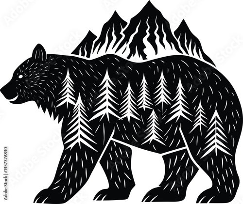 Black and white vector illustration of a wild bear and wolf silhouette, mammal animal art
