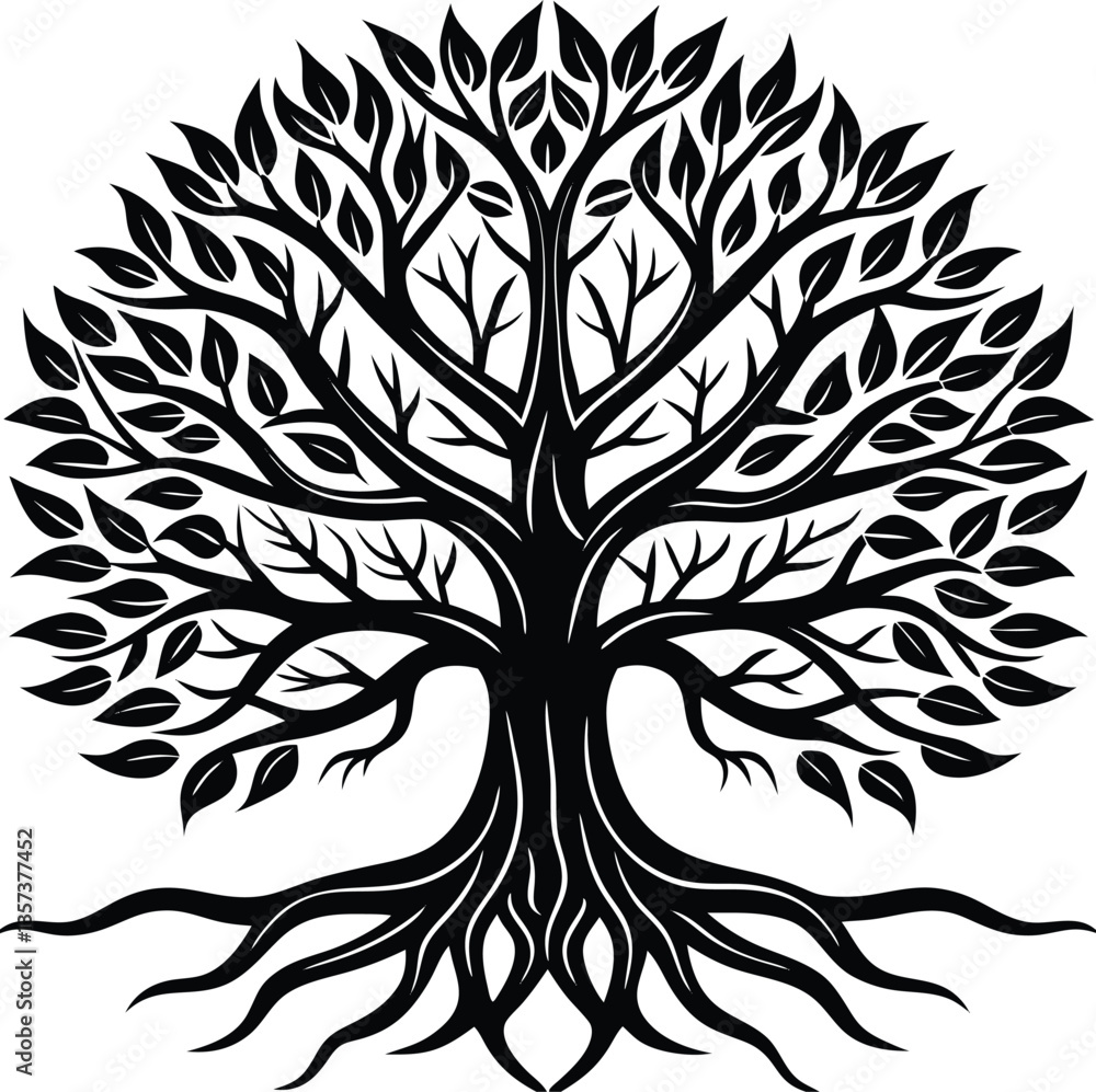 Obraz premium Black and White Vector Tree Silhouette with Ornamental Floral Design