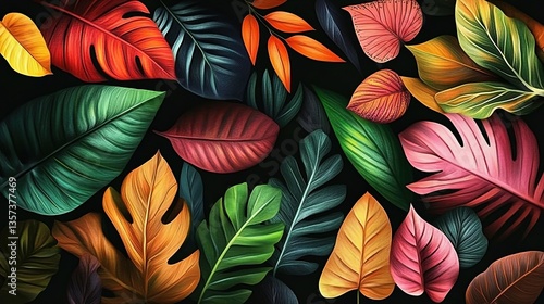Wallpaper Mural A tropical-style illustration of a scene filled with various tropical plant leaves in shades of green, pink, orange, and yellow, set against a dark background Torontodigital.ca