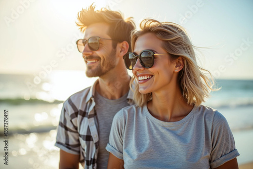 Stylish Couple Wearing Sunglasses and Smiling Together