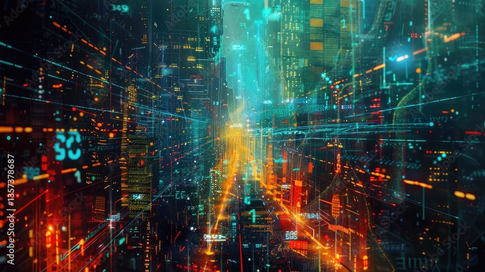 Immerse yourself in a vibrant futuristic cityscape filled with dynamic data visualization elements. This captivating digital artwork showcases neon lights and abstract patterns, evoking energy and Immerse yourself in a vibrant futuristic cityscape filled with dynamic data visualization elements. This captivating digital artwork showcases neon lights and abstract patterns, evoking energy and