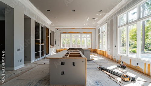 Interior of a kitchen under construction shows framework and windows