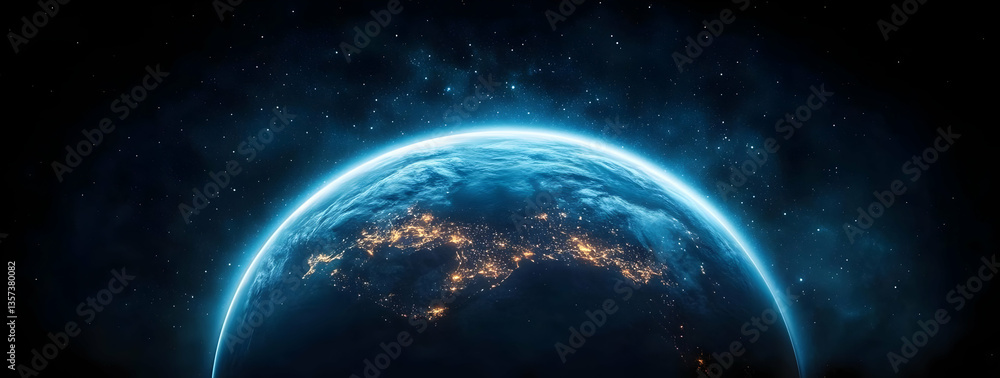 Obraz premium A stunning view of Earth from space, showcasing glowing cities surrounded by a vast universe of stars and cosmic beauty.