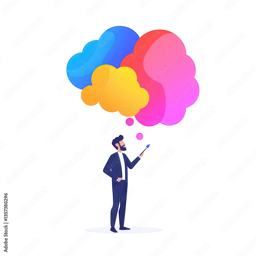 Man thinking with colorful thought bubbles, isolated on white background. Man thinking with colorful thought bubbles, isolated on white background.