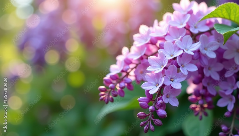 Fototapeta premium Blooming wisteria with delicate purple flowers cascading in soft sunlight, nature, garden