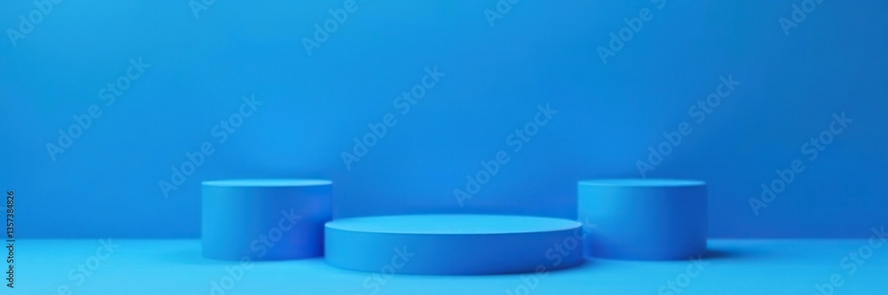 Blue cylindrical platforms of varying heights set against a solid blue background, exhibit, modern Blue cylindrical platforms of varying heights set against a solid blue background, exhibit, modern