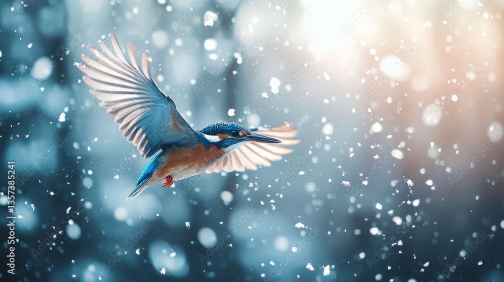 Obraz premium Common kingfisher, Alcedo atthis, in flight in winter. Beautiful blue bird in flight with snow. European wildlife scene with snowflakes. Bird fly in natural habitat in winter. Animal in snow.