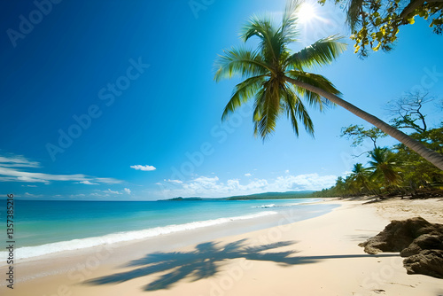 A tranquil beach scene with a palm tree, golden sand, and clear blue waters under a bright sunny sky.