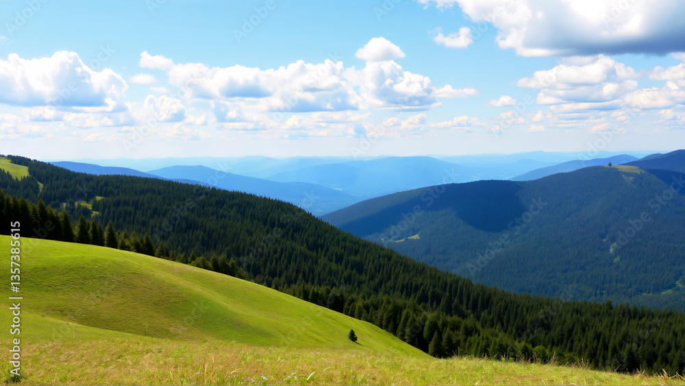 Fototapeta premium Breathtaking Landscape of Green Hills and Forested Mountains Under Blue Sky