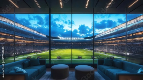 A luxurious living room offers views of an expansive stadium