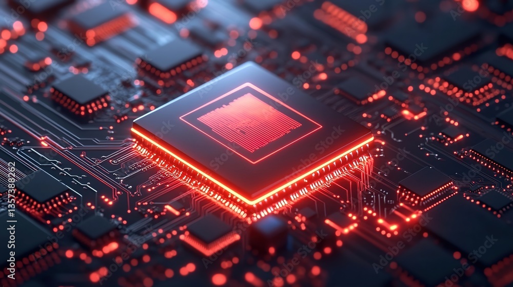 A digital art illustration of a glowing red microchip with detailed circuit patterns, surrounded by a complex circuit board, set against a dark blue background A digital art illustration of a glowing red microchip with detailed circuit patterns, surrounded by a complex circuit board, set against a dark blue background