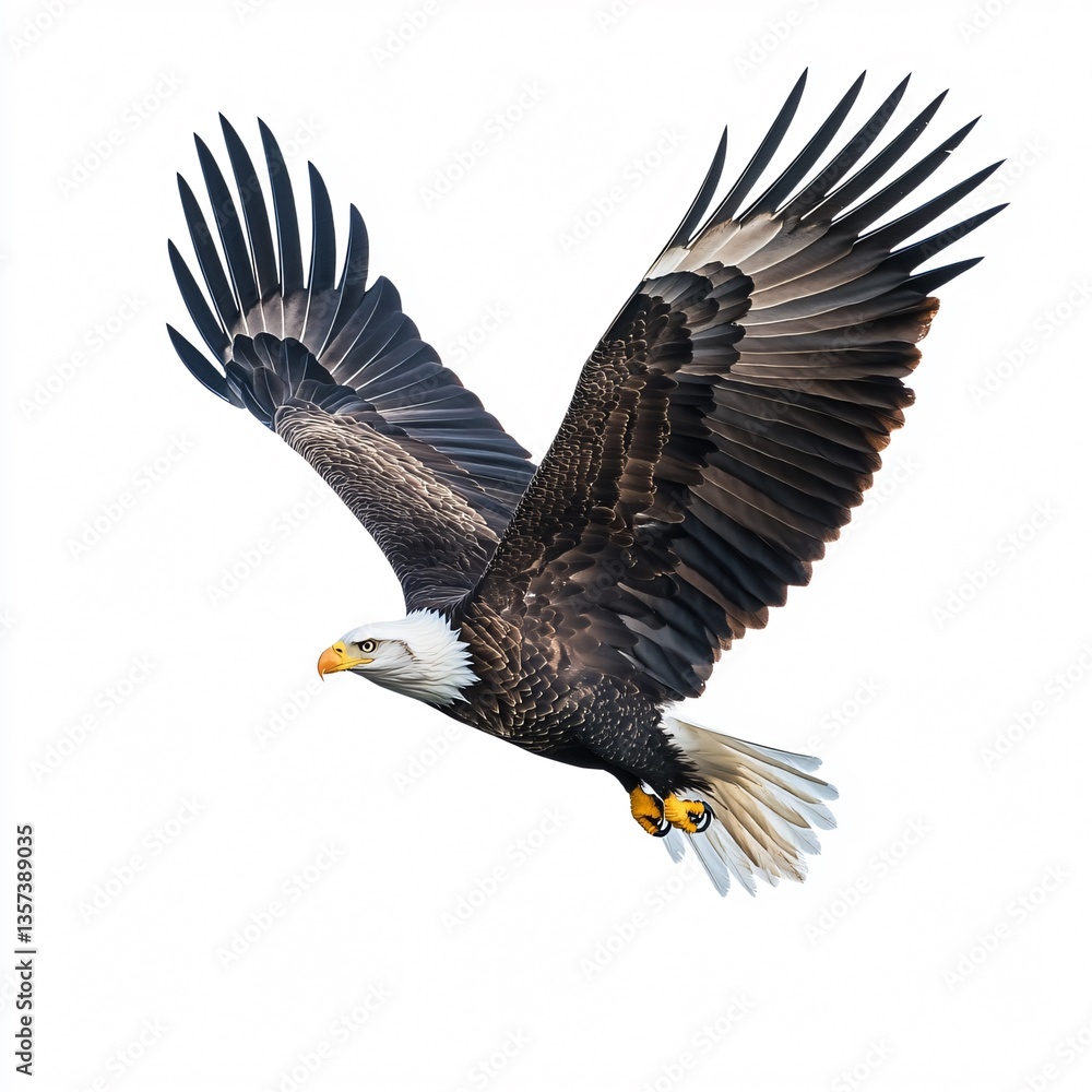 Obraz premium Bald eagle gliding with extended wings and sharp focus