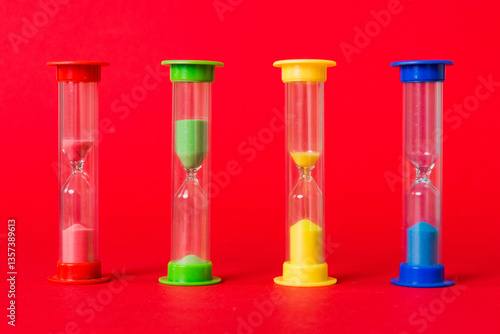 hourglass on the table, sand clock as time passing concept for business deadline, copy space