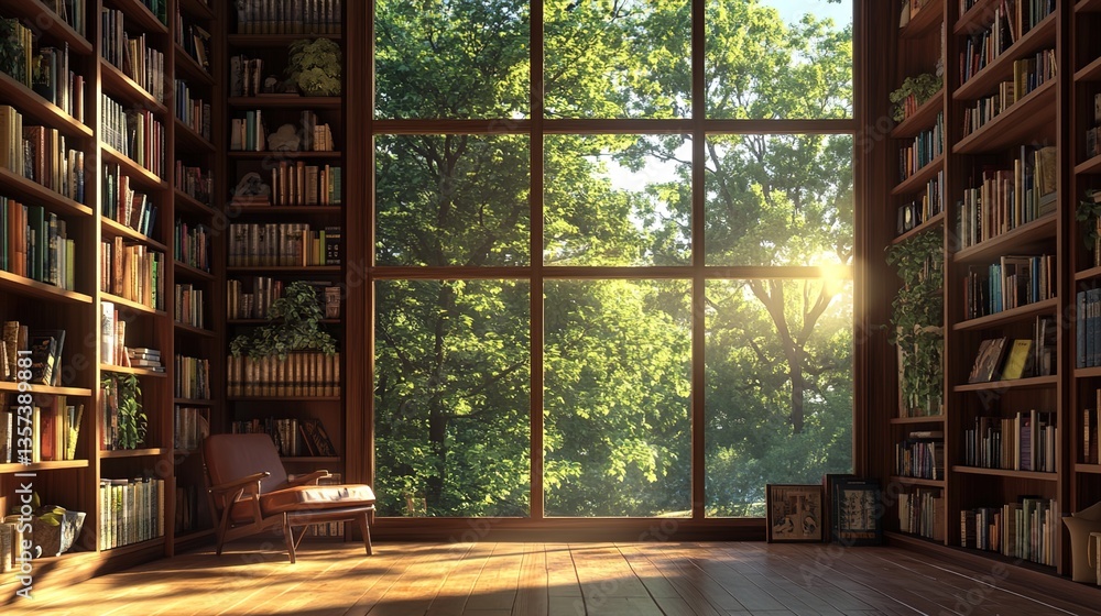 A digital art illustration of a library filled with books, surrounded by bookshelves, featuring large floor-to-ceiling windows with a lush green forest outside A digital art illustration of a library filled with books, surrounded by bookshelves, featuring large floor-to-ceiling windows with a lush green forest outside