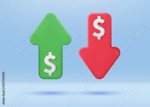 3D Dollar price up and down icon. Dollar sign with red and green arrow. Currency rising and falling. Business and financial concept. Minimalist cartoon icon. 3D vector render illustration.