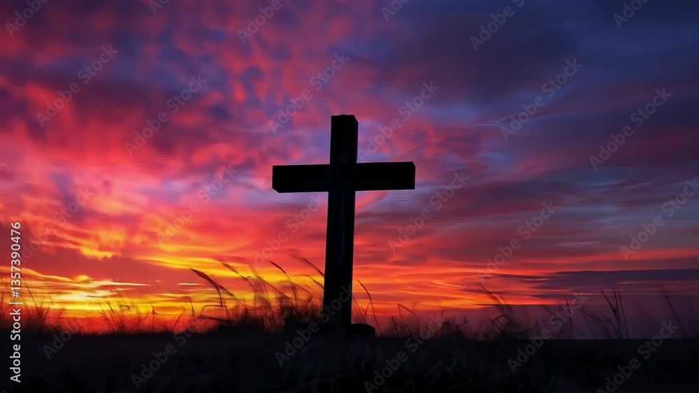 A silhouette of a cross against a vibrant sunset, symbolizing faith and spirituality in a serene landscape. A silhouette of a cross against a vibrant sunset, symbolizing faith and spirituality in a serene landscape.