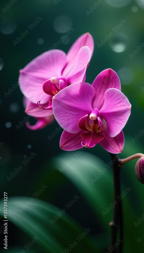 Fototapeta premium Close-up of a stunning orchid flower in full bloom during the rainy season, garden, orchid