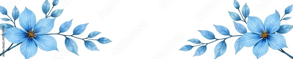 Fototapeta premium Blue watercolor flowers and leaves on white background for decorative designs, posters, elegant