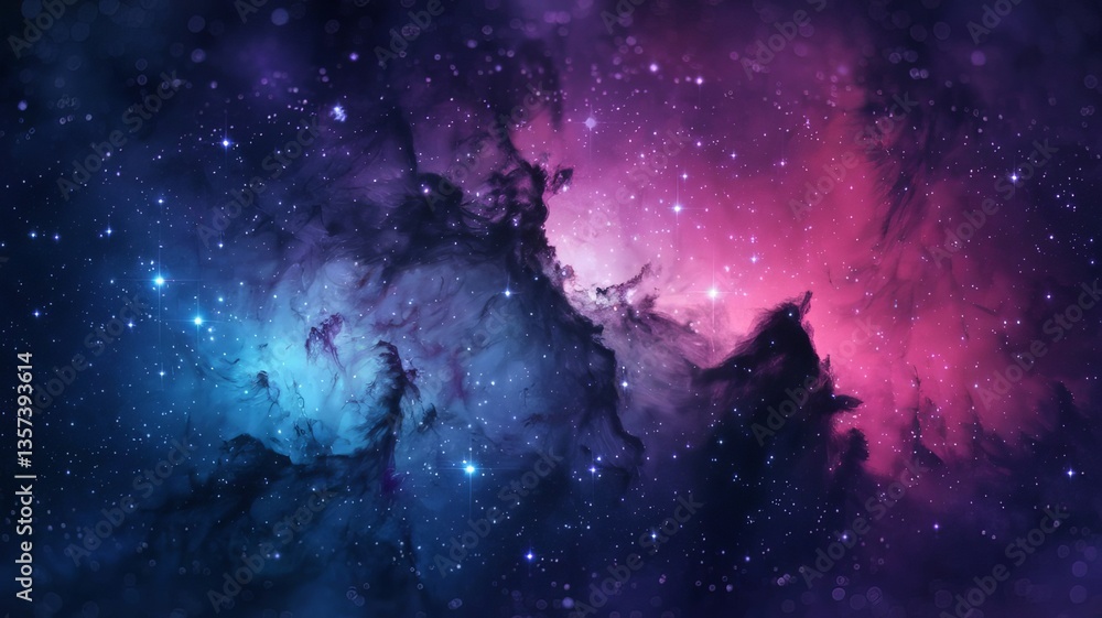 Obraz premium A mesmerizing cosmic scene, dominated by a vast expanse of space filled with twinkling stars and nebulae. The colors range from deep purples and blues to vibrant pinks and blues, creating a visually