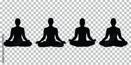 silhouette, yoga pose, lotus position, meditation, group of four, black and white, minimalist design, symmetrical composition, zen, mindfulness, tranquility, spiritual practice, wellness concept