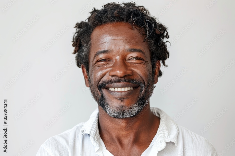Fototapeta premium Portrait of a happy afro-american man in his 40s smiling at the camera on plain white digital canvas
