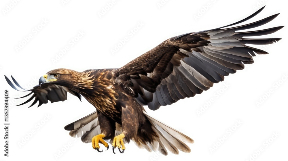 Fototapeta premium Golden Eagle in Flight Isolated on White Background – Majestic Soaring Bird of Prey