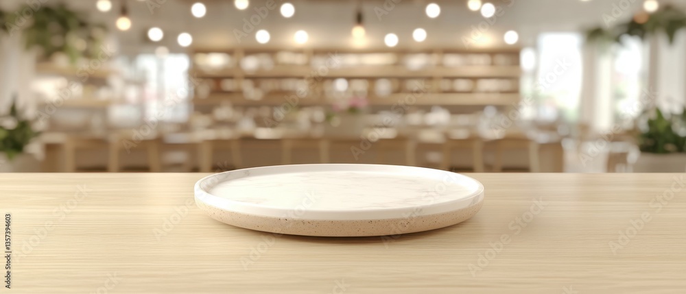 Elegant marble tray on light wood table in cozy cafe interior with blurred background and soft lighting product display Elegant marble tray on light wood table in cozy cafe interior with blurred background and soft lighting product display